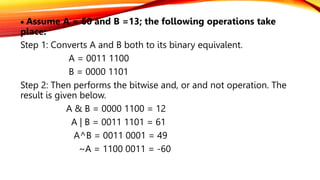  Assume A = 60 and B =13; the following operations take
place:
Step 1: Converts A and B both to its binary equivalent.
A = 0011 1100
B = 0000 1101
Step 2: Then performs the bitwise and, or and not operation. The
result is given below.
A & B = 0000 1100 = 12
A | B = 0011 1101 = 61
A^B = 0011 0001 = 49
~A = 1100 0011 = -60
 