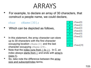 ARRAYS
7/25
 For example, to declare an array of 30 characters, that
construct a people name, we could declare,
char cName[30];
 Which can be depicted as follows,
 In this statement, the array character can store
up to 30 characters with the first character
occupying location cName[0] and the last
character occupying cName[29].
 Note that the index runs from 0 to 29. In C, an
index always starts from 0 and ends with array's
(size-1).
 So, take note the difference between the array
size and subscript/index terms.
 