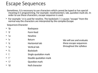 Escape Sequences
Sometimes, it is necessary to use characters which cannot be typed or has special
meaning in C programming. For example: newline(enter), tab, question mark etc. In
order to use these characters, escape sequence is used.
• For example: n is used for newline. The backslash (  ) causes "escape" from the
normal way the characters are interpreted by the compiler.Escape
Sequences Character
• b Backspace
• f Form feed
• n Newline
• r Return
• t Horizontal tab
• v Vertical tab
•  Backslash
• ' Single quotation mark
• " Double quotation mark
• ? Question mark
• 0 Null character
We will see and evaluate
these escape sequences
throughout the syllabus
 