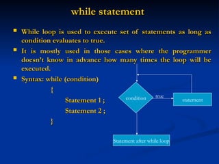 while statement
while statement
 While loop is used to execute set of statements as long as
While loop is used to execute set of statements as long as
condition evaluates to true.
condition evaluates to true.
 It is mostly used in those cases where the programmer
It is mostly used in those cases where the programmer
doesn’t know in advance how many times the loop will be
doesn’t know in advance how many times the loop will be
executed.
executed.
 Syntax: while (condition)
Syntax: while (condition)
{
{
Statement 1 ;
Statement 1 ;
Statement 2 ;
Statement 2 ;
}
}
condition statement
Statement after while loop
true
 