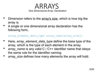 ARRAYS
6/25
One Dimensional Array: Declaration
 Dimension refers to the array's size, which is how big the
array is.
 A single or one dimensional array declaration has the
following form,
array_element_data_type array_name[array_size];
 Here, array_element_data_type define the base type of the
array, which is the type of each element in the array.
 array_name is any valid C / C++ identifier name that obeys
the same rule for the identifier naming.
 array_size defines how many elements the array will hold.
 