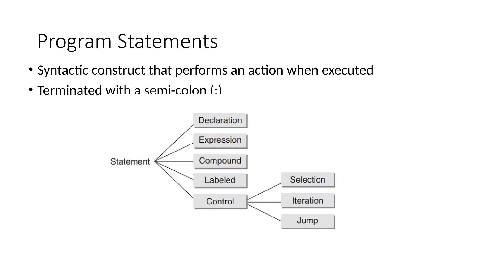 Program Statements
• Syntactic construct that performs an action when executed
• Terminated with a semi-colon (;)
 