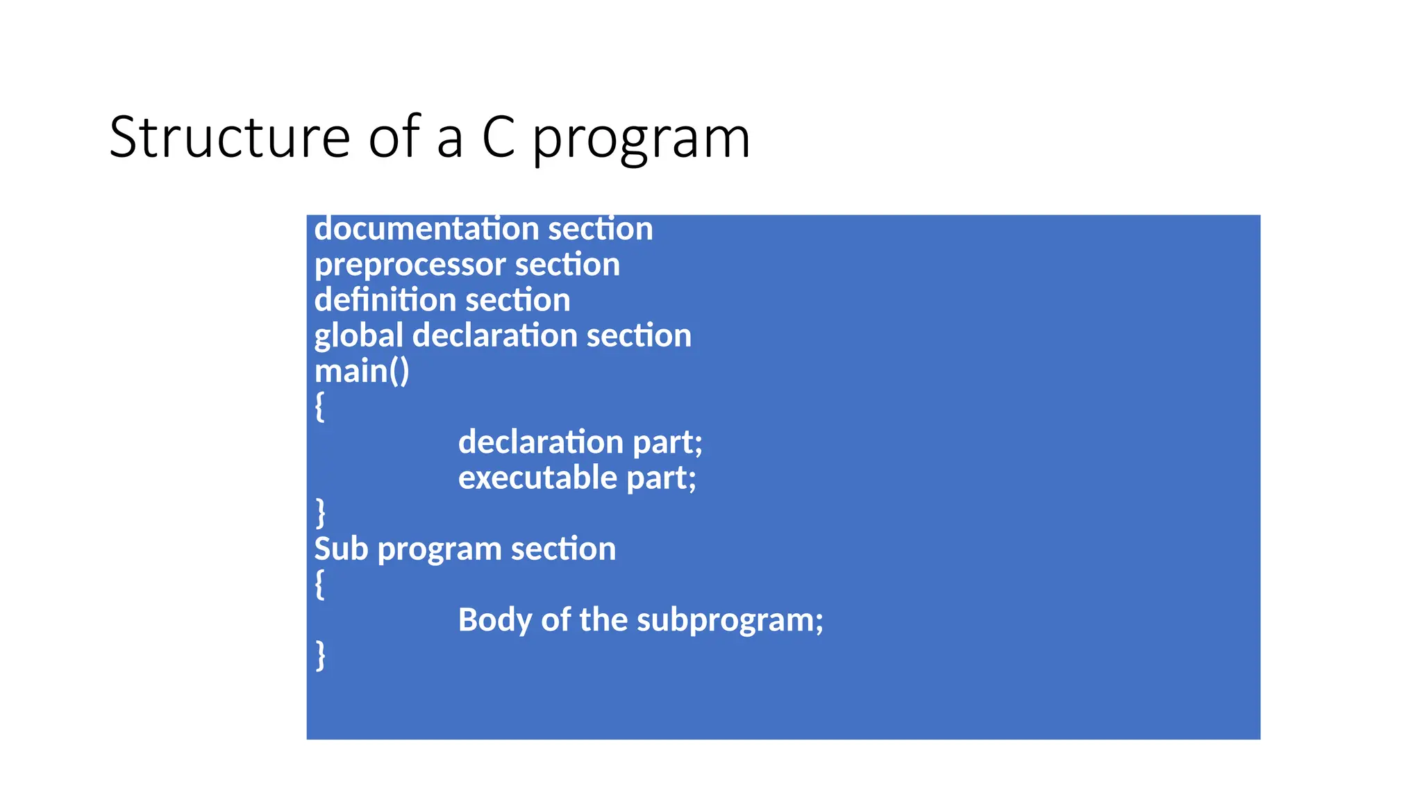 Structure of a C program
documentation section
preprocessor section
definition section
global declaration section
main()
{
declaration part;
executable part;
}
Sub program section
{
Body of the subprogram;
}
 