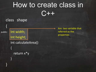 How to create class in
C++
class shape
{
Int width;
Int height;
Int calculateArea()
{
return x*y
}
}
Are two variable that
referred as the
properties
public:
 