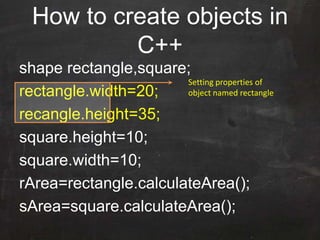 How to create objects in
C++
shape rectangle,square;
rectangle.width=20;
recangle.height=35;
square.height=10;
square.width=10;
rArea=rectangle.calculateArea();
sArea=square.calculateArea();
Setting properties of
object named rectangle
 