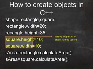 How to create objects in
C++
shape rectangle,square;
rectangle.width=20;
recangle.height=35;
square.height=10;
square.width=10;
rArea=rectangle.calculateArea();
sArea=square.calculateArea();
Setting properties of
object named square
 