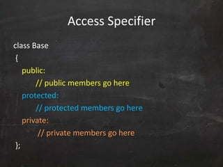 Access Specifier
class Base
{
public:
// public members go here
protected:
// protected members go here
private:
// private members go here
};
 