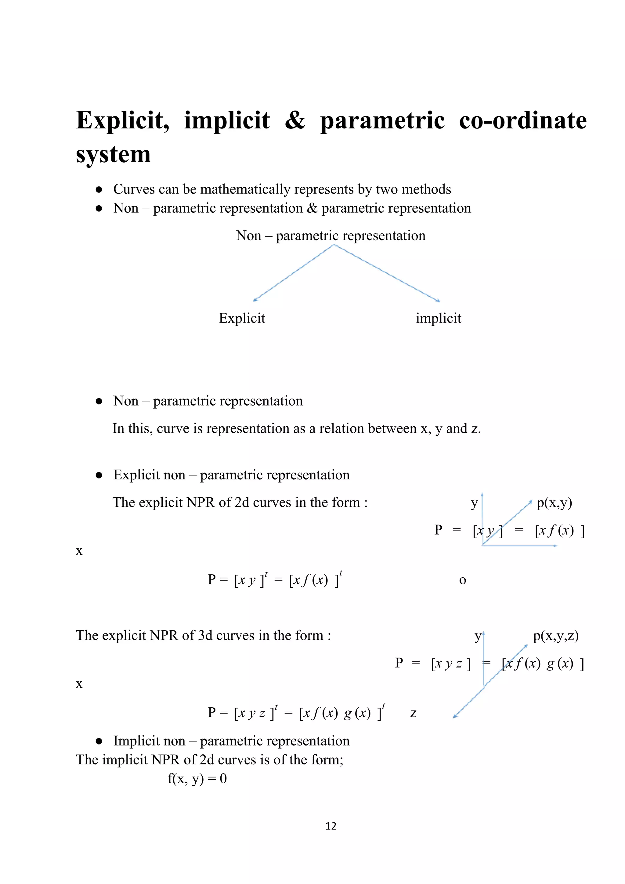 Explicit, implicit & parametric co-ordinate
system
● Curves can be mathematically represents by two methods
● Non – parametric representation & parametric representation
Non – parametric representation
Explicit implicit
● Non – parametric representation
In this, curve is representation as a relation between x, y and z.
● Explicit non – parametric representation
The explicit NPR of 2d curves in the form : y p(x,y)
P = =x y[ ] x f[ (x) ]
x
P = = ox y[ ]
t
x f[ (x) ]
t
The explicit NPR of 3d curves in the form : y p(x,y,z)
P = =x y z[ ] x f g[ (x) (x) ]
x
P = = zx y z[ ]
t
x f g[ (x) (x) ]
t
● Implicit non – parametric representation
The implicit NPR of 2d curves is of the form;
f(x, y) = 0
12
 
