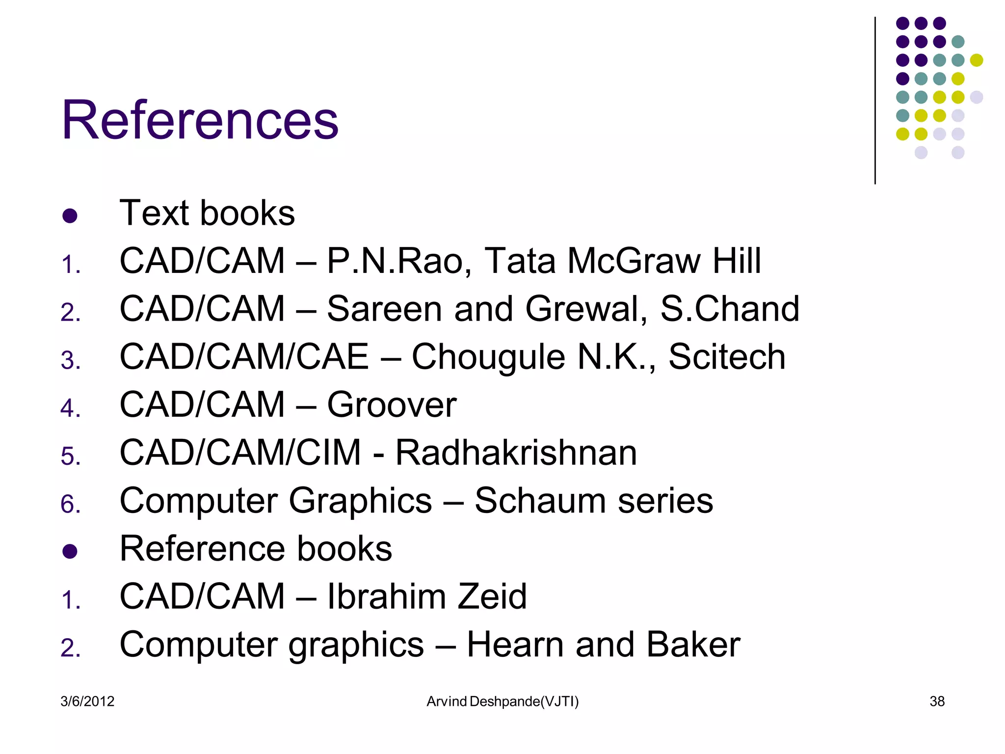 References
          Text books
1.         CAD/CAM – P.N.Rao, Tata McGraw Hill
2.         CAD/CAM – Sareen and Grewal, S.Chand
3.         CAD/CAM/CAE – Chougule N.K., Scitech
4.         CAD/CAM – Groover
5.         CAD/CAM/CIM - Radhakrishnan
6.         Computer Graphics – Schaum series
          Reference books
1.         CAD/CAM – Ibrahim Zeid
2.         Computer graphics – Hearn and Baker
3/6/2012                   Arvind Deshpande(VJTI)   38
 