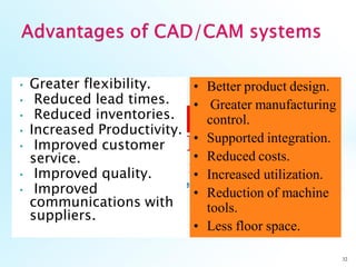 • Greater flexibility.
• Reduced lead times.
• Reduced inventories.
• Increased Productivity.
• Improved customer
service.
• Improved quality.
• Improved
communications with
suppliers.
32
• Better product design.
• Greater manufacturing
control.
• Supported integration.
• Reduced costs.
• Increased utilization.
• Reduction of machine
tools.
• Less floor space.
 
