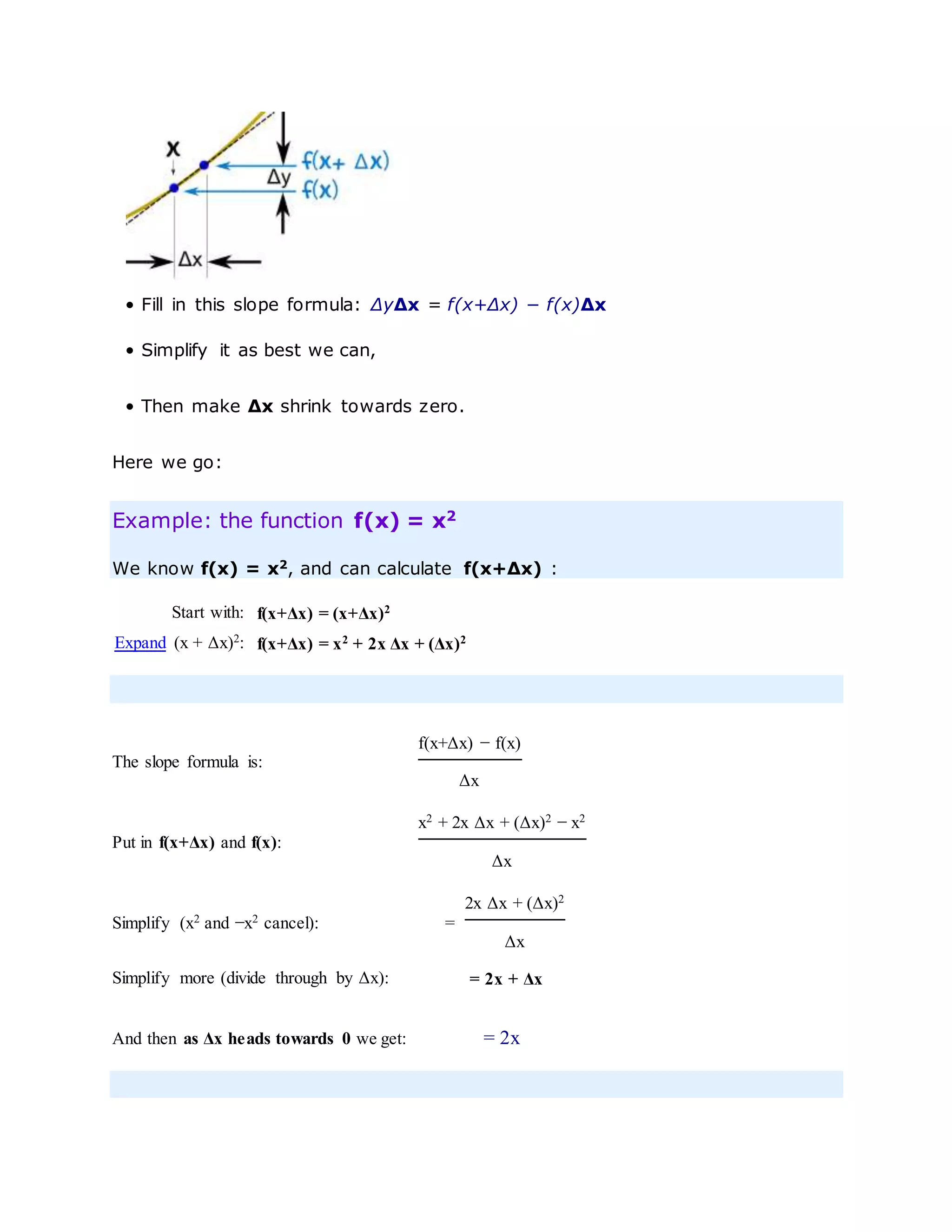 • Fill in this slope formula: ΔyΔx = f(x+Δx) − f(x)Δx
• Simplify it as best we can,
• Then make Δx shrink towards zero.
Here we go:
Example: the function f(x) = x2
We know f(x) = x2, and can calculate f(x+Δx) :
Start with: f(x+Δx) = (x+Δx)2
Expand (x + Δx)2
: f(x+Δx) = x2
+ 2x Δx + (Δx)2
The slope formula is:
f(x+Δx) − f(x)
Δx
Put in f(x+Δx) and f(x):
x2
+ 2x Δx + (Δx)2
− x2
Δx
Simplify (x2
and −x2
cancel): =
2x Δx + (Δx)2
Δx
Simplify more (divide through by Δx): = 2x + Δx
And then as Δx heads towards 0 we get: = 2x
 