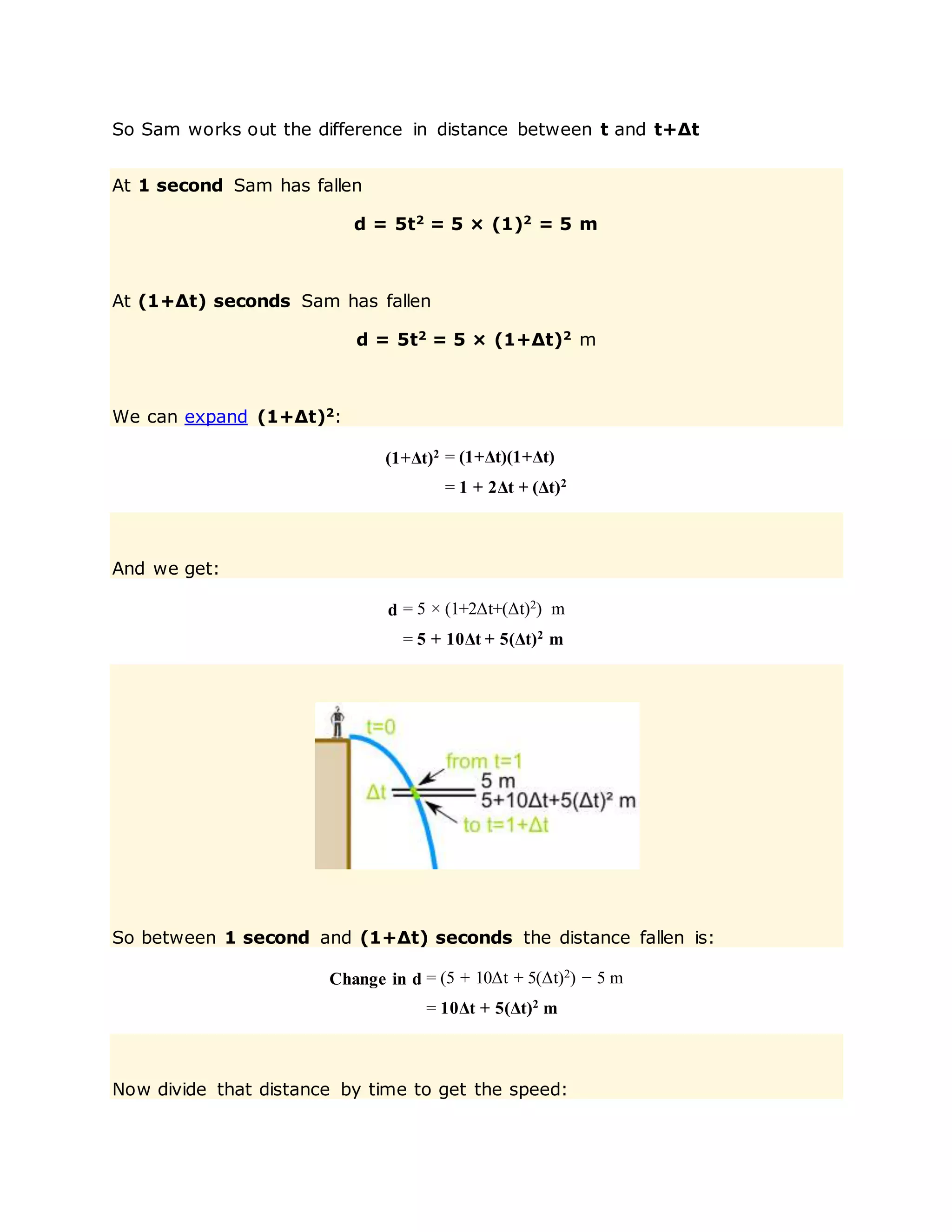 So Sam works out the difference in distance between t and t+Δt
At 1 second Sam has fallen
d = 5t2
= 5 × (1)2
= 5 m
At (1+Δt) seconds Sam has fallen
d = 5t2
= 5 × (1+Δt)2
m
We can expand (1+Δt)2
:
(1+Δt)2 = (1+Δt)(1+Δt)
= 1 + 2Δt + (Δt)2
And we get:
d = 5 × (1+2Δt+(Δt)2
) m
= 5 + 10Δt + 5(Δt)2
m
So between 1 second and (1+Δt) seconds the distance fallen is:
Change in d = (5 + 10Δt + 5(Δt)2
) − 5 m
= 10Δt + 5(Δt)2
m
Now divide that distance by time to get the speed:
 