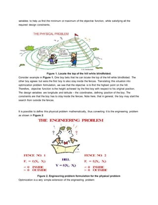 variables to help us find the minimum or maximum of the objective function, while satisfying all the
required design constraints.
Figure 1. Locate the top of the hill while blindfolded.
Consider example in Figure 1. One boy bets that he can locate the top of the hill while blindfolded. The
other boy agrees but asks the first boy to also stay inside the fences. Translating this situation into
optimization problem formulation, we see that the objective is to find the highest point on the hill.
Therefore, objective function is the height achieved by the first boy with respect to his original position.
The design variables are longitude and latitude – the coordinates, defining position of the boy. The
constraints are that the boy has to stay inside the fences. Note here, that in general, the boy may start the
search from outside the fences.
It is possible to define this physical problem mathematically, thus converting it to the engineering problem
as shown in Figure 2:
Figure 2. Engineering problem formulation for the physical problem
Optimization is a very simple extension of the engineering problem:
 