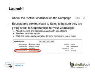 Manage Members
Add Members – Search

• 
§ 

Edit Members – Search

• 
§ 

• 

Using filters, associate either Leads or Contact to a Campaign

Using filters, update member status of Leads or Contacts

Add Members – Import File
§ 

• 

From a .csv file, add Leads or Contacts to a Campaign

Update & Add Members – Import File
§ 

From a .csv file, change the Member Status of all or a subset of Leads
or Contacts
– 

For example, you send out a Direct Mail piece inviting your customers to an
event to see your latest product offerings. Thought this wizard, you can
quickly update the Status of event attendees from “Sent” to “Responded”

Copyright © ShellBlack.com, LLC

 