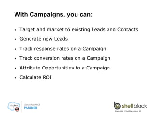 With Campaigns, you can:
• 

Target and market to existing Leads and Contacts

• 

Generate new Leads

• 

Track response rates on a Campaign

• 

Track conversion rates on a Campaign

• 

Attribute Opportunities to a Campaign

• 

Calculate ROI

Copyright © ShellBlack.com, LLC

 