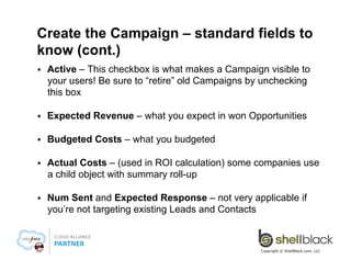 Create the Campaign – standard fields to
know (cont.)
§ 

Active – This checkbox is what makes a Campaign visible to
your users! Be sure to “retire” old Campaigns by unchecking
this box

§ 

Expected Revenue – what you expect in won Opportunities

§ 

Budgeted Costs – what you budgeted

§ 

Actual Costs – (used in ROI calculation) some companies use
a child object with summary roll-up

§ 

Num Sent and Expected Response – not very applicable if
you’re not targeting existing Leads and Contacts

Copyright © ShellBlack.com, LLC

 