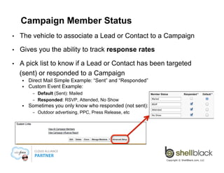 Campaign Member Status
• 

The vehicle to associate a Lead or Contact to a Campaign

• 

Gives you the ability to track re...