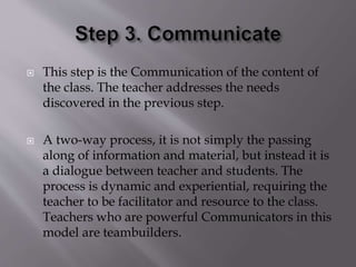  This step is the Communication of the content of
the class. The teacher addresses the needs
discovered in the previous step.
 A two-way process, it is not simply the passing
along of information and material, but instead it is
a dialogue between teacher and students. The
process is dynamic and experiential, requiring the
teacher to be facilitator and resource to the class.
Teachers who are powerful Communicators in this
model are teambuilders.
 
