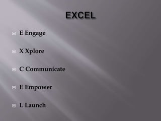  E Engage
 X Xplore
 C Communicate
 E Empower
 L Launch
 