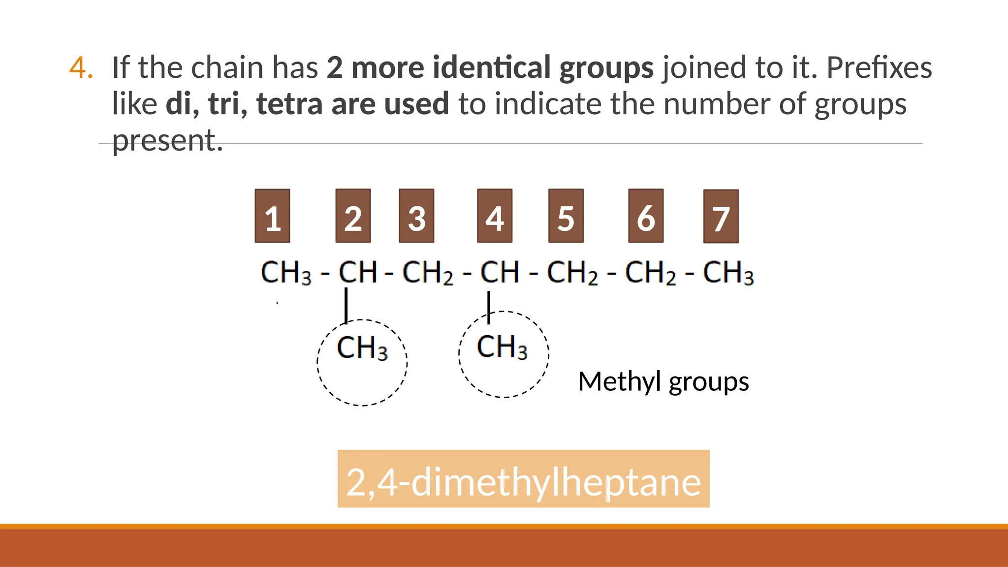 4. If the chain has 2 more identical groups joined to it. Prefixes
like di, tri, tetra are used to indicate the number of groups
present.
2
Methyl groups
2,4-dimethylheptane
1 3 4 5 6 7
 