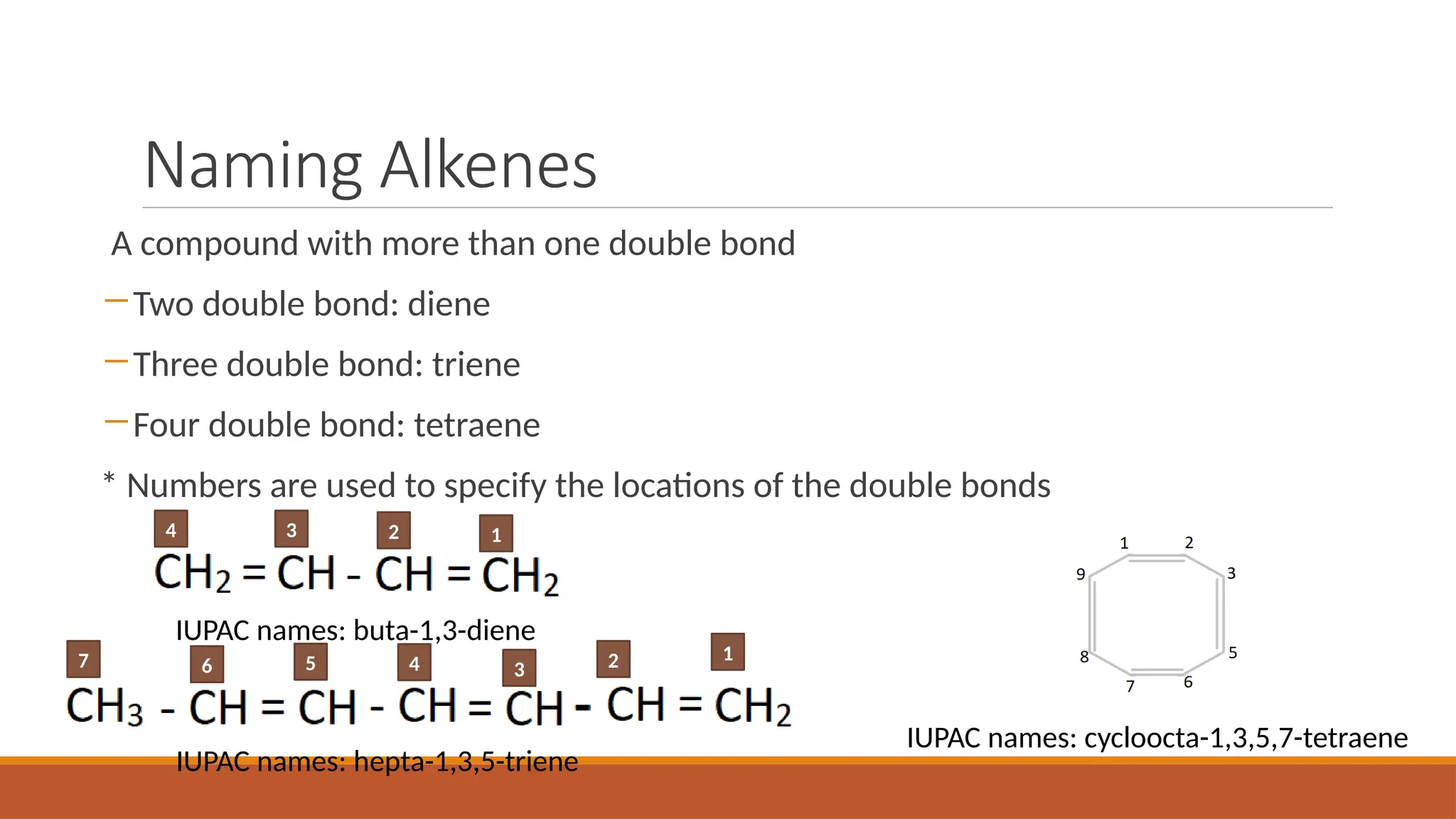 Naming Alkenes
A compound with more than one double bond
―Two double bond: diene
―Three double bond: triene
―Four double bond: tetraene
* Numbers are used to specify the locations of the double bonds
IUPAC names: buta-1,3-diene
IUPAC names: hepta-1,3,5-triene
1
2
3
4
1
2
3
4
5
6
7
IUPAC names: cycloocta-1,3,5,7-tetraene
 