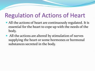 Regulation of Actions of Heart
 All the actions of heart are continuously regulated. It is
essential for the heart to cope up with the needs of the
body.
 All the actions are altered by stimulation of nerves
supplying the heart or some hormones or hormonal
substances secreted in the body.
 
