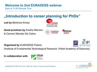 Welcome to 2nd EURAXESS webinar
Start at 11:00 Warsaw Time
„Introduction to career planning for PhDs”
Led by Bérénice Kimpe
Good practices by Anethe Mansen,
& Carmen Mendez De Castro
Organised by EURAXESS Poland
(Institute of Fundamental Technological Research, Polish Academy of Sciences)
In collaboration with
EURAXESS TOP IV (Gr. No: 786133), Task 2.3 Community of Practice
 