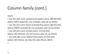 Column family (cont.)
Hotel {
• key: AZC_043 { name: Cambria Suites Hayden, phone: 480-444-4444,

address: 400 N. Hayden Rd., city: Scottsdale, state: AZ, zip: 85255}
• key: AZS_011 { name: Clarion Scottsdale Peak, phone: 480-333-3333,
address: 3000 N. Scottsdale Rd, city: Scottsdale, state: AZ, zip: 85255}
• key: CAS_021 { name: W Hotel, phone: 415-222-2222,

address: 181 3rd Street, city: San Francisco, state: CA, zip: 94103}
• key: NYN_042 { name: Waldorf Hotel, phone: 212-555-5555,
address: 301 Park Ave, city: New York, state: NY, zip: 10019}
}

21

 