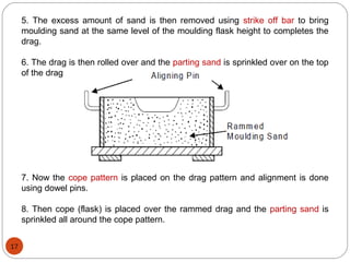 5. The excess amount of sand is then removed using strike off bar to bring
moulding sand at the same level of the moulding flask height to completes the
drag.
6. The drag is then rolled over and the parting sand is sprinkled over on the top
of the drag
7. Now the cope pattern is placed on the drag pattern and alignment is done
using dowel pins.
8. Then cope (flask) is placed over the rammed drag and the parting sand is
sprinkled all around the cope pattern.
17
 