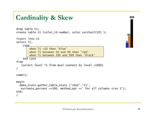 Cardinality & Skew 
drop table t1; 
create table t1 (color_id number, color varchar2(10) ); 
90 
©OraInternals Riyaj Shamsudeen 14 
insert into t1 
select l1, 
case 
when l1 <10 then 'blue' 
when l1 between 10 and 99 then 'red' 
when l1 between 100 and 999 then ‘black' 
end case 
from 
(select level l1 from dual connect by level <1000) 
/ 
commit; 
9 
900 
Begin 
dbms_stats.gather_table_stats ('cbo2','t1', 
estimate_percent =>100, method_opt =>' for all columns size 1'); 
End; 
/ 
 