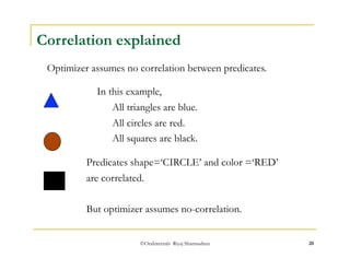 Correlation explained 
Optimizer assumes no correlation between predicates. 
In this example, 
All triangles are blue. 
All circles are red. 
All squares are black. 
Predicates shape=‘CIRCLE’ and color =‘RED’ 
are correlated. 
But optimizer assumes no-correlation. 
©OraInternals Riyaj Shamsudeen 20 
 