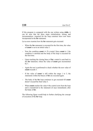 110 Let Us C
If this program is compared with the one written using while, it
can be seen that the three steps—initialization, testing and
incrementation—required for the loop construct have now been
incorporated in the for statement.
Let us now examine how the for statement gets executed:
− When the for statement is executed for the first time, the value
of count is set to an initial value 1.
− Now the condition count <= 3 is tested. Since count is 1 the
condition is satisfied and the body of the loop is executed for
the first time.
− Upon reaching the closing brace of for, control is sent back to
the for statement, where the value of count gets incremented
by 1.
− Again the test is performed to check whether the new value of
count exceeds 3.
− If the value of count is still within the range 1 to 3, the
statements within the braces of for are executed again.
− The body of the for loop continues to get executed till count
doesn’t exceed the final value 3.
− When count reaches the value 4 the control exits from the loop
and is transferred to the statement (if any) immediately after
the body of for.
The following figure would help in further clarifying the concept
of execution of the for loop.
 