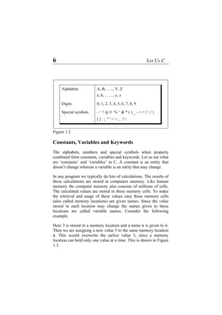 6 Let Us C
Alphabets A, B, ….., Y, Z
a, b, ……, y, z
Digits 0, 1, 2, 3, 4, 5, 6, 7, 8, 9
Special symbols ~ ‘ ! @ # % ^ & * ( ) _ - + = |  { }
[ ] : ; " ' < > , . ? /
Figure 1.2
Constants, Variables and Keywords
The alphabets, numbers and special symbols when properly
combined form constants, variables and keywords. Let us see what
are ‘constants’ and ‘variables’ in C. A constant is an entity that
doesn’t change whereas a variable is an entity that may change.
In any program we typically do lots of calculations. The results of
these calculations are stored in computers memory. Like human
memory the computer memory also consists of millions of cells.
The calculated values are stored in these memory cells. To make
the retrieval and usage of these values easy these memory cells
(also called memory locations) are given names. Since the value
stored in each location may change the names given to these
locations are called variable names. Consider the following
example.
Here 3 is stored in a memory location and a name x is given to it.
Then we are assigning a new value 5 to the same memory location
x. This would overwrite the earlier value 3, since a memory
location can hold only one value at a time. This is shown in Figure
1.3.
 