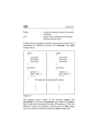 228 Let Us C
Scope − Local to the block in which the variable
is defined.
Life − Value of the variable persists between
different function calls.
Compare the two programs and their output given in Figure 6.3 to
understand the difference between the automatic and static
storage classes.
main( )
{
increment( ) ;
increment( ) ;
increment( ) ;
}
increment( )
{
auto int i = 1 ;
printf ( "%dn", i ) ;
i = i + 1 ;
}
main( )
{
increment( ) ;
increment( ) ;
increment( ) ;
}
increment( )
{
static int i = 1 ;
printf ( "%dn", i ) ;
i = i + 1 ;
}
The output of the above programs would be:
1
2
3
1
1
1
Figure 6.3
The programs above consist of two functions main( ) and
increment( ). The function increment( ) gets called from main( )
thrice. Each time it increments the value of i and prints it. The only
difference in the two programs is that one uses an auto storage
class for variable i, whereas the other uses static storage class.
 