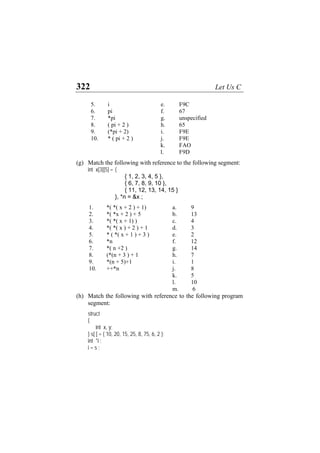 322 Let Us C
5. i e. F9C
6. pi f. 67
7. *pi g. unspecified
8. ( pi + 2 ) h. 65
9. (*pi + 2) i. F9E
10. * ( pi + 2 ) j. F9E
k. FAO
l. F9D
(g) Match the following with reference to the following segment:
int x[3][5] = {
{ 1, 2, 3, 4, 5 },
{ 6, 7, 8, 9, 10 },
{ 11, 12, 13, 14, 15 }
}, *n = &x ;
1. *( *( x + 2 ) + 1) a. 9
2. *( *x + 2 ) + 5 b. 13
3. *( *( x + 1) ) c. 4
4. *( *( x ) + 2 ) + 1 d. 3
5. * ( *( x + 1 ) + 3 ) e. 2
6. *n f. 12
7. *( n +2 ) g. 14
8. (*(n + 3 ) + 1 h. 7
9. *(n + 5)+1 i. 1
10. ++*n j. 8
k. 5
l. 10
m. 6
(h) Match the following with reference to the following program
segment:
struct
{
int x, y;
} s[ ] = { 10, 20, 15, 25, 8, 75, 6, 2 };
int *i ;
i = s ;
 
