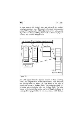 542 Let Us C
its name suggests it is certainly not a real address. It is a number,
which contains three parts. These parts when used in conjunction
with a CPU register called CR3 and contents of two tables called
Page Directory Table and Page Table leads to the actual physical
address. This is shown in Figure 16.1.
Figure 16.1
The CR3 register holds the physical location of Page Directory
Table. The left part of the 32-bit virtual address holds the index
into the Page Directory Table. The value present at this index is
the starting address of the Page Table. The middle part of the 32-
bit virtual address holds the index into the Page Table. The value
present at this index is the starting address of the physical page in
memory. The right part of the 32-bit virtual address holds the byte
P0
P1
Pn
31 0
Page Dir. Index Page Table Index Page Byte Offset
21 11
Page Directory Page Table Target Page
PT0
PFN n
PT1
PT n
PFN 0
…
Page
Frames
…
Page Directory
Register
Physical Memory
 