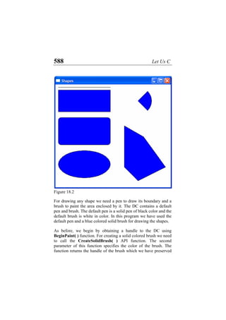 588 Let Us C
Figure 18.2
For drawing any shape we need a pen to draw its boundary and a
brush to paint the area enclosed by it. The DC contains a default
pen and brush. The default pen is a solid pen of black color and the
default brush is white in color. In this program we have used the
default pen and a blue colored solid brush for drawing the shapes.
As before, we begin by obtaining a handle to the DC using
BeginPaint( ) function. For creating a solid colored brush we need
to call the CreateSolidBrush( ) API function. The second
parameter of this function specifies the color of the brush. The
function returns the handle of the brush which we have preserved
 