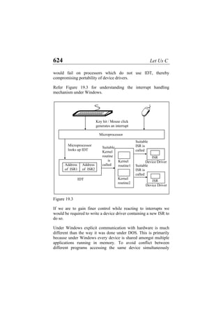 624 Let Us C
would fail on processors which do not use IDT, thereby
compromising portability of device drivers.
Refer Figure 19.3 for understanding the interrupt handling
mechanism under Windows.
Microprocessor
looks up IDT
Suitable
Kernel
routine
is
called
IDT
Address
of ISR1
Address
of ISR2
Kernel
routine1
Kernel
routine2
Suitable
ISR is
called
Key hit / Mouse click
generates an interrupt
Microprocessor
ISR
Device Driver
Suitable
ISR is
called
ISR
Device Driver
Figure 19.3
If we are to gain finer control while reacting to interrupts we
would be required to write a device driver containing a new ISR to
do so.
Under Windows explicit communication with hardware is much
different than the way it was done under DOS. This is primarily
because under Windows every device is shared amongst multiple
applications running in memory. To avoid conflict between
different programs accessing the same device simultaneously
 