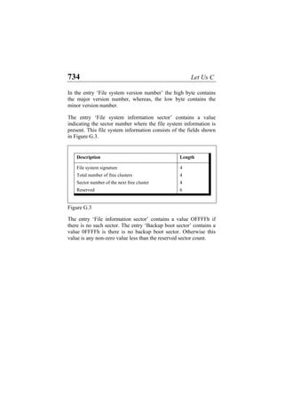 734 Let Us C
In the entry ‘File system version number’ the high byte contains
the major version number, whereas, the low byte contains the
minor version number.
The entry ‘File system information sector’ contains a value
indicating the sector number where the file system information is
present. This file system information consists of the fields shown
in Figure G.3.
Description Length
File system signature 4
Total number of free clusters 4
Sector number of the next free cluster 4
Reserved 6
Figure G.3
The entry ‘File information sector’ contains a value OFFFFh if
there is no such sector. The entry ‘Backup boot sector’ contains a
value 0FFFFh is there is no backup boot sector. Otherwise this
value is any non-zero value less than the reserved sector count.
 