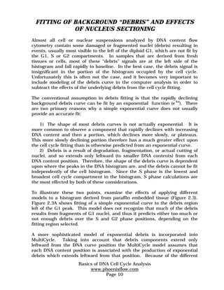 FITTING OF BACKGROUND “DEBRIS” AND EFFECTS 
OF NUCLEUS SECTIONING 
Almost all cell or nuclear suspensions analyzed by DNA content flow 
cytometry contain some damaged or fragmented nuclei (debris) resulting in 
events, usually most visible to the left of the diploid G1, which are not fit by 
the G1, S or G2 compartments. In samples that are derived from fresh 
tissues or cells, most of these “debris” signals are at the left side of the 
histogram and fall rapidly to baseline. In the best case, the debris signal is 
insignificant in the portion of the histogram occupied by the cell cycle. 
Unfortunately this is often not the case, and it becomes very important to 
include modeling of the debris curve in the computer analysis in order to 
subtract the effects of the underlying debris from the cell cycle fitting. 
The conventional assumption in debris fitting is that the rapidly declining 
background debris curve can be fit by an exponential function (e-kx). There 
are two primary reasons why a simple exponential curve does not usually 
provide an accurate fit: 
1) The shape of most debris curves is not actually exponential. It is 
more common to observe a component that rapidly declines with increasing 
DNA content and then a portion, which declines more slowly, or plateaus. 
This more slowly declining portion therefore has a much greater effect upon 
the cell cycle fitting than is otherwise predicted from an exponential curve. 
2) Debris is a result of degradation, fragmentation, or actual cutting of 
nuclei, and so extends only leftward (to smaller DNA contents) from each 
DNA content position. Therefore, the shape of the debris curve is dependent 
upon where the peaks in the DNA histogram are, and the debris cannot be fit 
independently of the cell histogram. Since the S phase is the lowest and 
broadest cell cycle compartment in the histogram, S phase calculations are 
the most effected by both of these considerations. 
To illustrate these two points, examine the effects of applying different 
models to a histogram derived from paraffin embedded tissue (Figure 2.3). 
Figure 2.3A shows fitting of a simple exponential curve to the debris region 
left of the G1 peak. This model does not recognize that much of the debris 
results from fragments of G1 nuclei, and thus it predicts either too much or 
not enough debris over the S and G2 phase positions, depending on the 
fitting region selected. 
A more sophisticated model of exponential debris is incorporated into 
MultiCycle. Taking into account that debris components extend only 
leftward from the DNA curve position the MultiCycle model assumes that 
each DNA content position is associated with the production of exponential 
debris which extends leftward from that position. Because of the different 
Basics of DNA Cell Cycle Analysis 
www.phoenixflow.com 
Page 10 
 