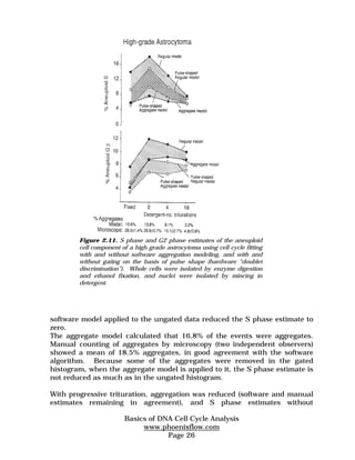 Figure 2.11. S phase and G2 phase estimates of the aneuploid 
cell component of a high grade astrocytoma using cell cycle fitting 
with and without software aggregation modeling, and with and 
without gating on the basis of pulse shape (hardware “doublet 
discrimination”). Whole cells were isolated by enzyme digestion 
and ethanol fixation, and nuclei were isolated by mincing in 
detergent. 
software model applied to the ungated data reduced the S phase estimate to 
zero. 
The aggregate model calculated that 16.8% of the events were aggregates. 
Manual counting of aggregates by microscopy (two independent observers) 
showed a mean of 18.5% aggregates, in good agreement with the software 
algorithm. Because some of the aggregates were removed in the gated 
histogram, when the aggregate model is applied to it, the S phase estimate is 
not reduced as much as in the ungated histogram. 
With progressive trituration, aggregation was reduced (software and manual 
estimates remaining in agreement), and S phase estimates without 
Basics of DNA Cell Cycle Analysis 
www.phoenixflow.com 
Page 26 
 