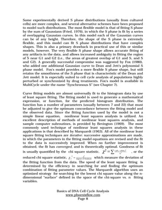 Some experimentally derived S phase distributions (usually from cultured 
cells) are more complex, and several alternative schemes have been proposed 
to model such distributions. The most flexible model is that of fitting S phase 
by the sum of Gaussians (Fried, 1976), in which the S phase is fit by a series 
of overlapping Gaussian curves. In this model each of the Gaussian curves 
can be of any height. Therefore, the shape of the S phase is extremely 
flexible, and this model can fit S phase distributions that have complex 
shapes. This is also a primary drawback in practical use of this or similar 
models, however. The very flexible S phase shape allows accurate fitting of 
any artifacts in the data, and allows increased ambiguity in fitting the region 
of S near G1 and G2 (i.e., the areas of greatest overlap of G1 and S, and S 
and G2). A generally successful compromise was suggested by Fox (1980), 
who added one additional Gaussian curve to Dean and Jett's polynomial S 
phase model. Fox's model provides a more flexible S phase shape, but still 
retains the smoothness of the S phase that is characteristic of the Dean and 
Jett model. It is especially suited to cell cycle analysis of populations highly 
perturbed or synchronized by drug treatments. Fox's model is available in 
MultiCycle under the name “Synchronous S” (see Chapter 7). 
Curve fitting models are almost universally fit to the histogram data by use 
of least square fitting. The fitting model is used to generate a mathematical 
expression, or function, for the predicted histogram distribution. The 
function has a number of parameters (usually between 7 and 22) that must 
be adjusted to give the optimum concordance between the fitting model and 
the observed data. Since the fitting function used by the model is not a 
simple linear equation, nonlinear least squares analysis is utilized. An 
excellent description of methods of nonlinear least squares analysis, and 
sample computer subroutines, is provided by Bevington (1969). The most 
commonly used technique of nonlinear least squares analysis in these 
applications is that described by Marquardt (1963). All of the nonlinear least 
square fitting techniques are iterative: successive approximations are made, 
in which the parameters in the fitting model equations are revised and the fit 
to the data is successively improved. When no further improvement is 
obtained, the fit has converged, and is theoretically optimal. Goodness of fit 
is usually quantified by the chi square statistic, χ σ 
2 =Σ( yfiti− ydatai ) 
2 χ2 = degrees of freedeom which measure the deviation of 
Basics of DNA Cell Cycle Analysis 
www.phoenixflow.com 
Page 8 
2 2 
i 
, or the 
reduced chi square statistic, χν 
the fitting function from the data. The speed of the least square fitting is 
determined by the efficiency in searching for and finding the optimum 
combination of fitting parameter values. The Marquardt algorithm uses an 
optimized strategy for searching for the lowest chi square value along the n-dimensional 
“surface” defined in the space of the chi-square vs. n fitting 
variables. 
 