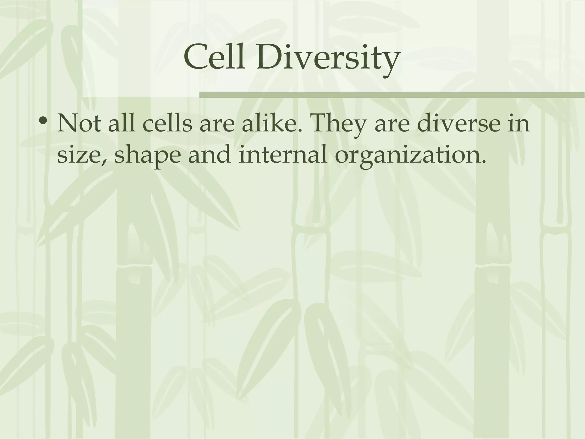 Cell Diversity
• Not all cells are alike. They are diverse in
size, shape and internal organization.
 