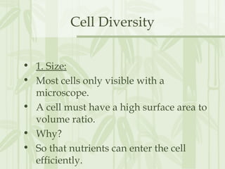 Cell Diversity
• 1. Size:
• Most cells only visible with a
microscope.
• A cell must have a high surface area to
volume ratio.
• Why?
• So that nutrients can enter the cell
efficiently.
 
