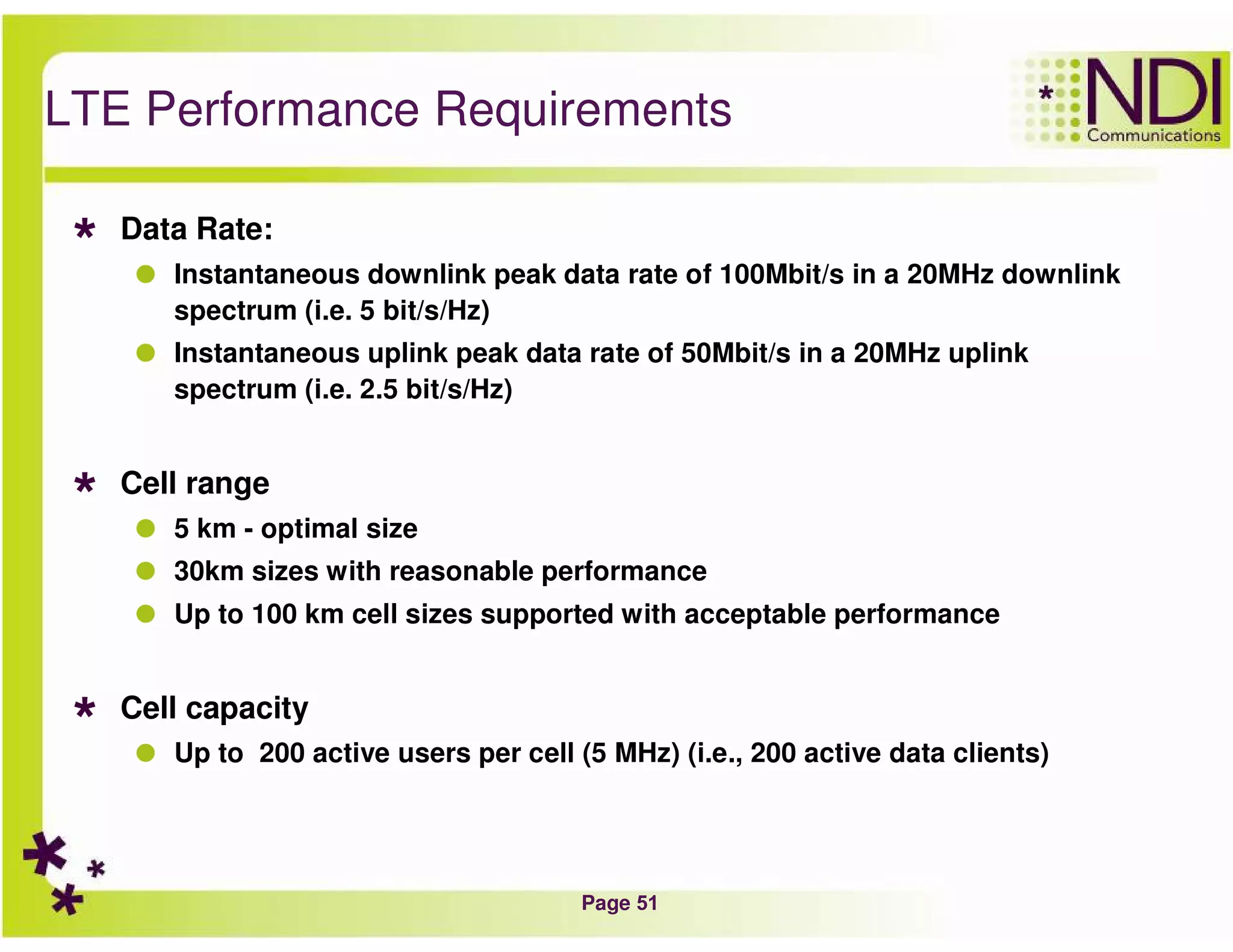 Page 51
LTE Performance Requirements
Data Rate:
Instantaneous downlink peak data rate of 100Mbit/s in a 20MHz downlink
spectrum (i.e. 5 bit/s/Hz)
Instantaneous uplink peak data rate of 50Mbit/s in a 20MHz uplink
spectrum (i.e. 2.5 bit/s/Hz)
Cell range
5 km - optimal size
30km sizes with reasonable performance
Up to 100 km cell sizes supported with acceptable performance
Cell capacity
Up to 200 active users per cell (5 MHz) (i.e., 200 active data clients)
 