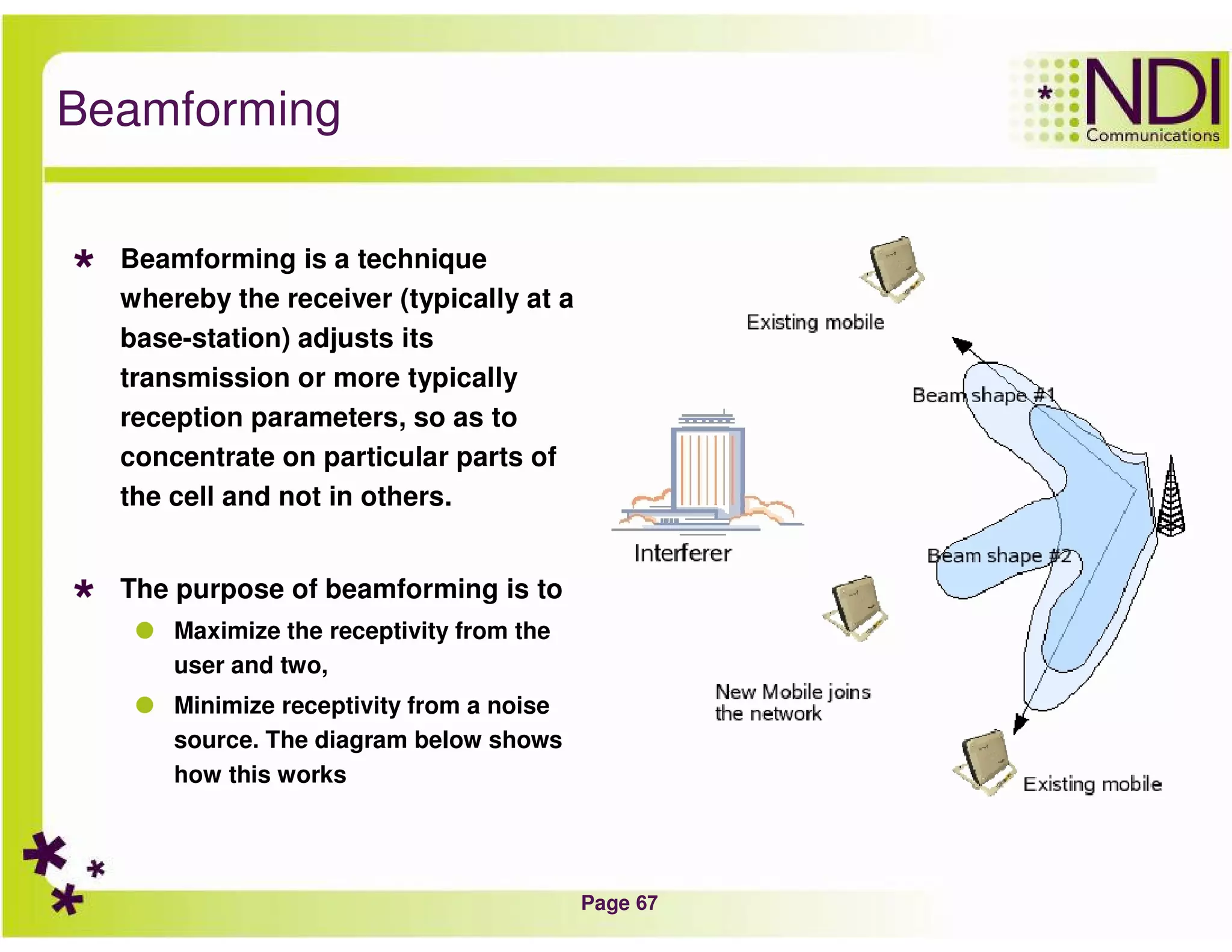 Page 67
Beamforming
Beamforming is a technique
whereby the receiver (typically at a
base-station) adjusts its
transmission or more typically
reception parameters, so as to
concentrate on particular parts of
the cell and not in others.
The purpose of beamforming is to
Maximize the receptivity from the
user and two,
Minimize receptivity from a noise
source. The diagram below shows
how this works
 