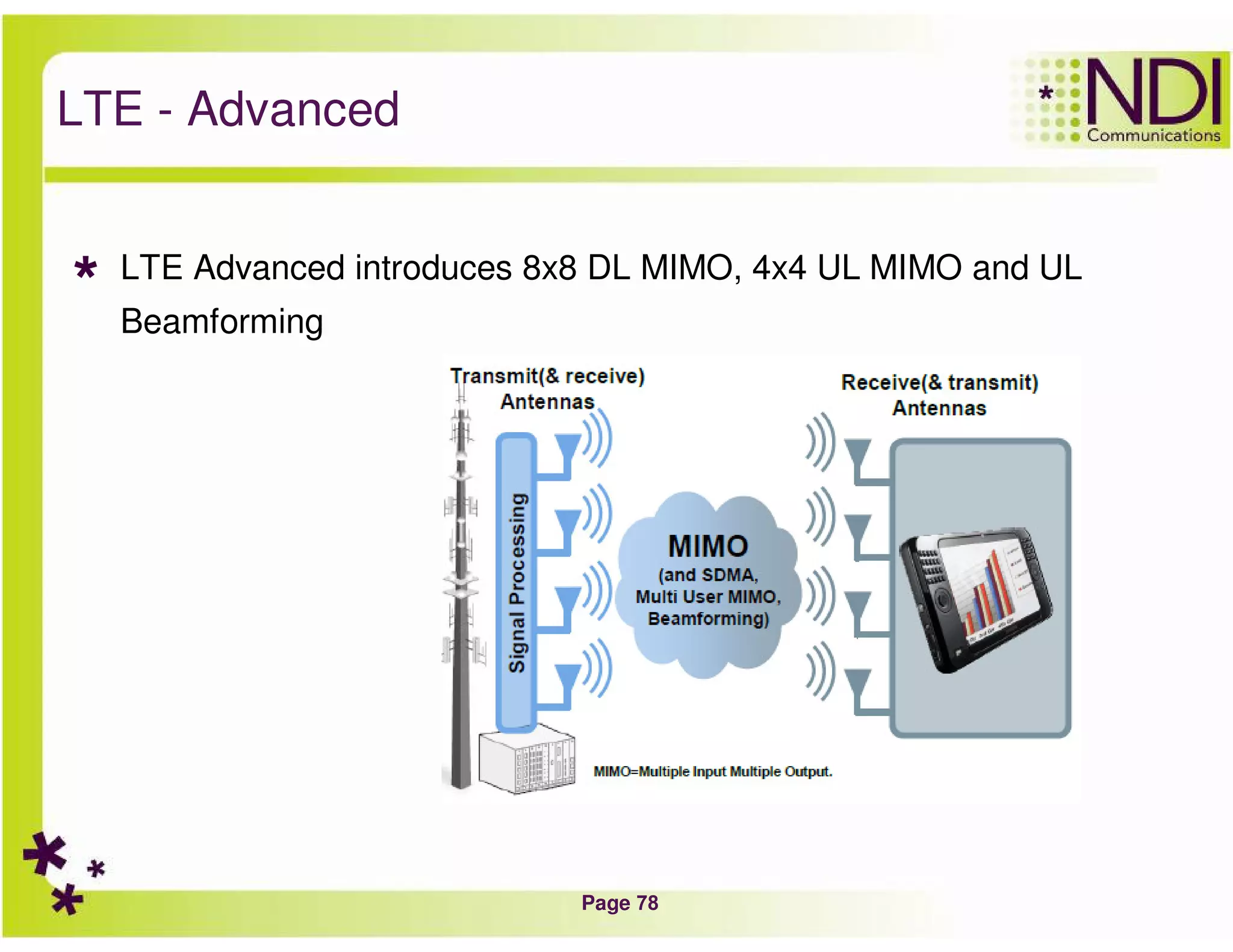 Page 78
LTE - Advanced
LTE Advanced introduces 8x8 DL MIMO, 4x4 UL MIMO and UL
Beamforming
 
