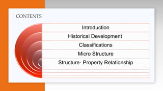 Introduction
Historical Development
Classifications
Micro Structure
Structure- Property Relationship
CONTENTS
 