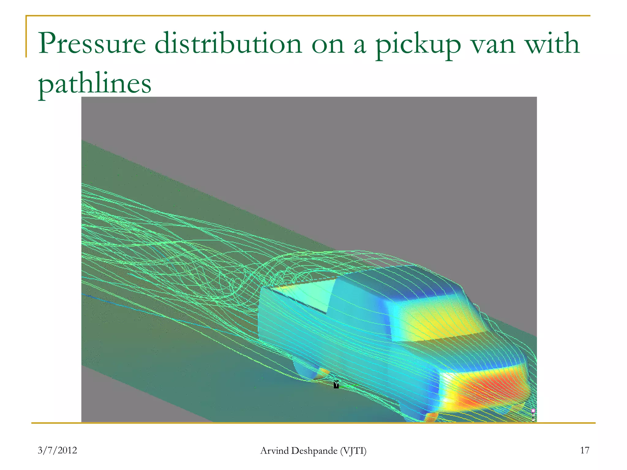 Pressure distribution on a pickup van with
pathlines




3/7/2012         Arvind Deshpande (VJTI)   17
 