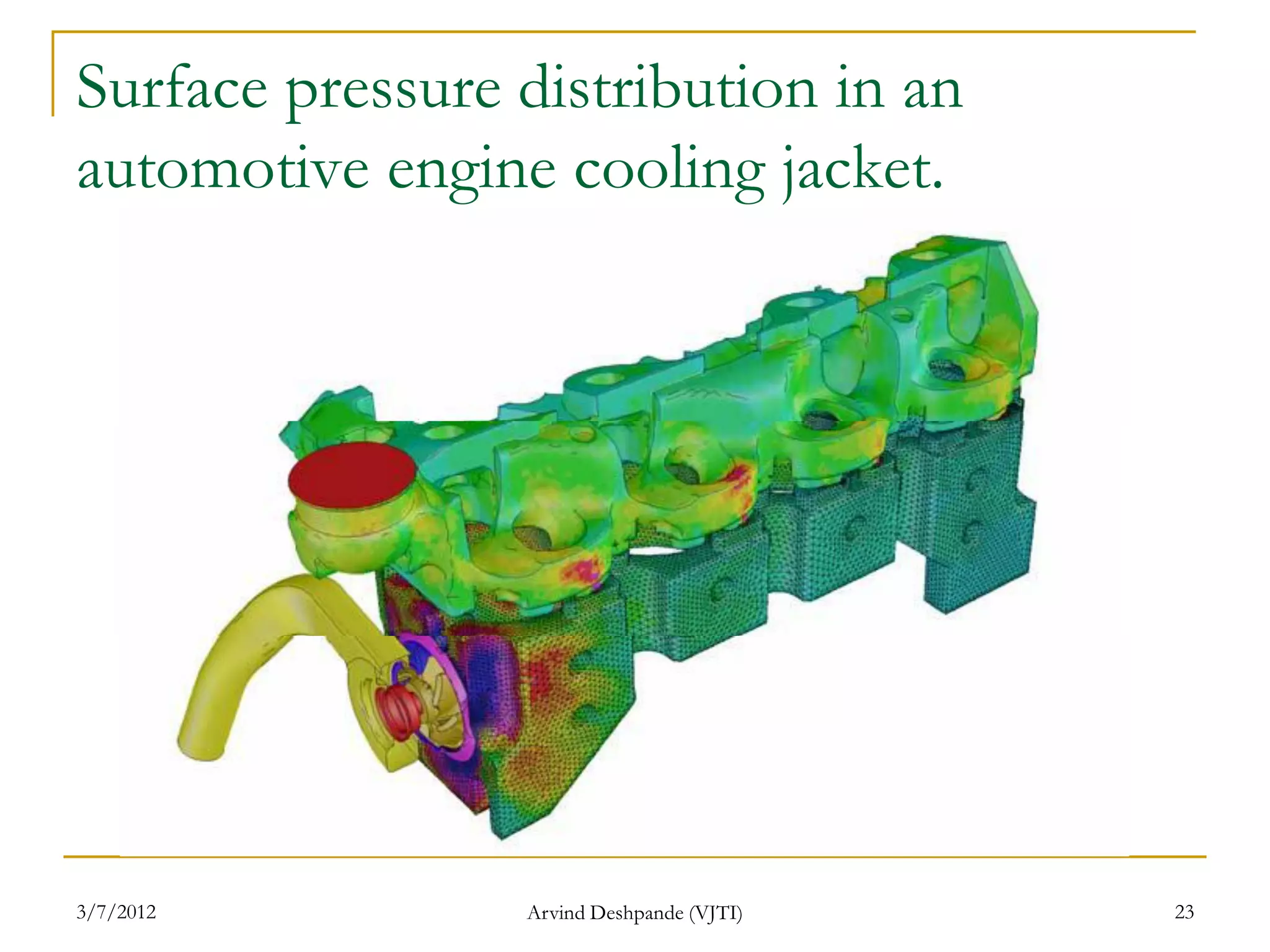 Surface pressure distribution in an
automotive engine cooling jacket.




3/7/2012         Arvind Deshpande (VJTI)   23
 
